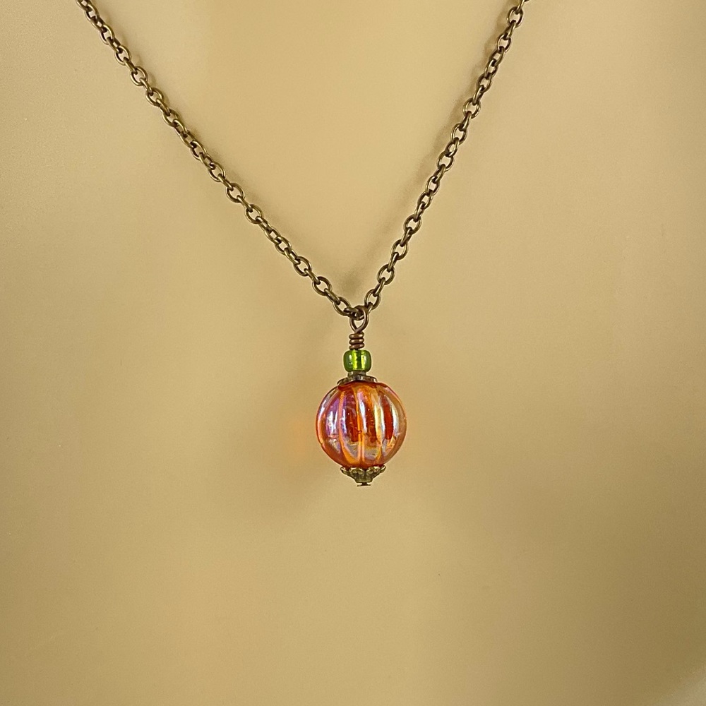 Host Pick! New Pumpkin Necklace, Handmade, Iridescent Orange & Olive Green - Picture 8 of 11